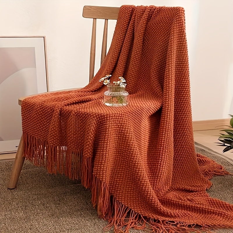 

Vintage Style Rust Orange Knitted Throw Blanket: Soft And Warm For Sofa, Office, Bed, Camping, Travel - Hand Wash Only, No Print, 100% Polyester, 200-250g