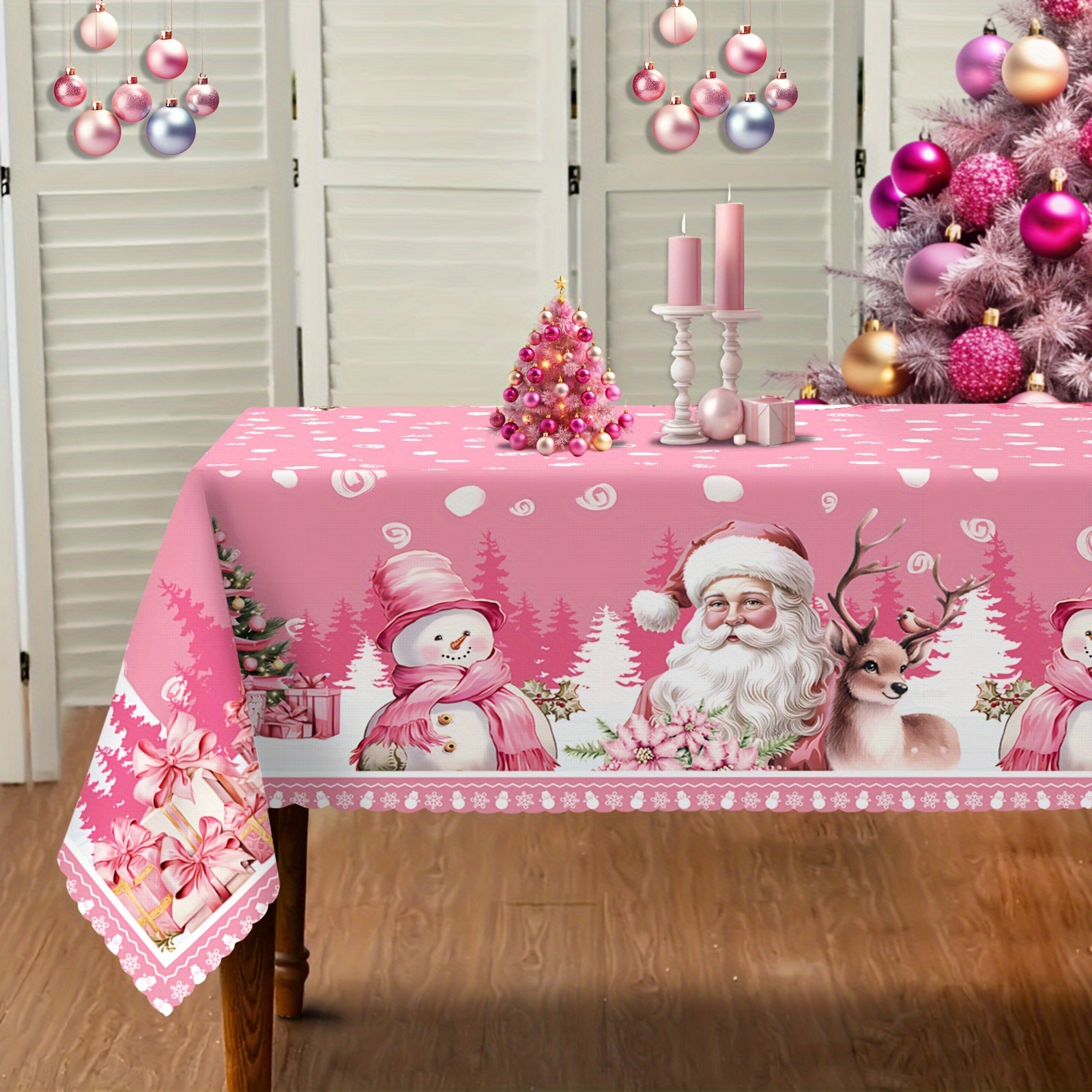 

Pink Santa & Reindeer Christmas Tablecloth - Vintage , Stain-resistant, Waterproof Polyester For Indoor/outdoor Holiday Decor