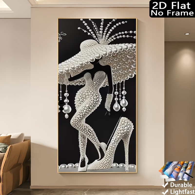 TEMU 2d Flat, 1pc Modern Minimalist Vertical Frameless Canvas Poster - Abstract Pearl Bead Wall With Elegant Female Figure Suitable For Living Room,