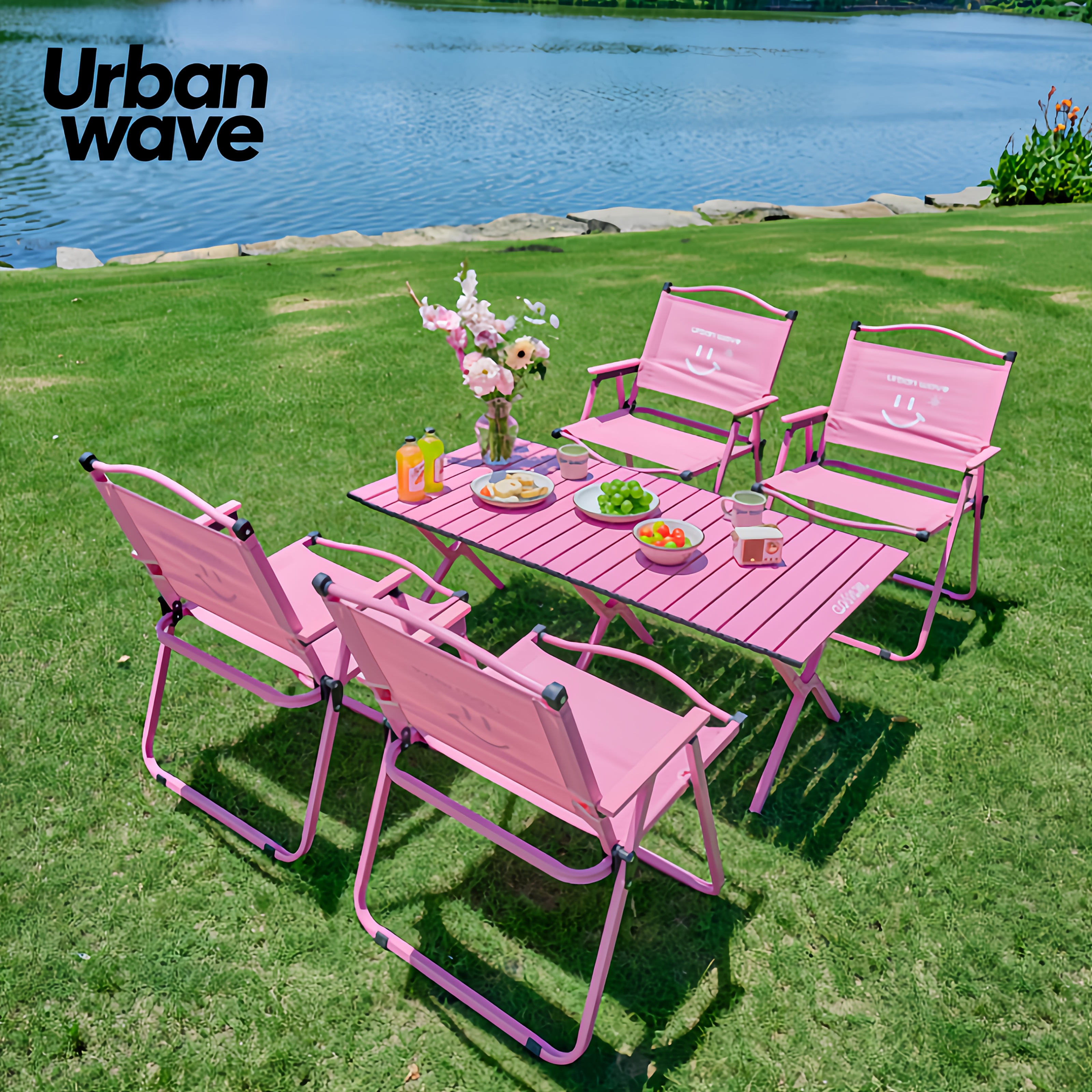 5-teiliges Camping Set – Schwarzer Tisch + 4 Pinke Klappstühle Aus Alu, Perfekt Für Den Nächsten Ausflug
