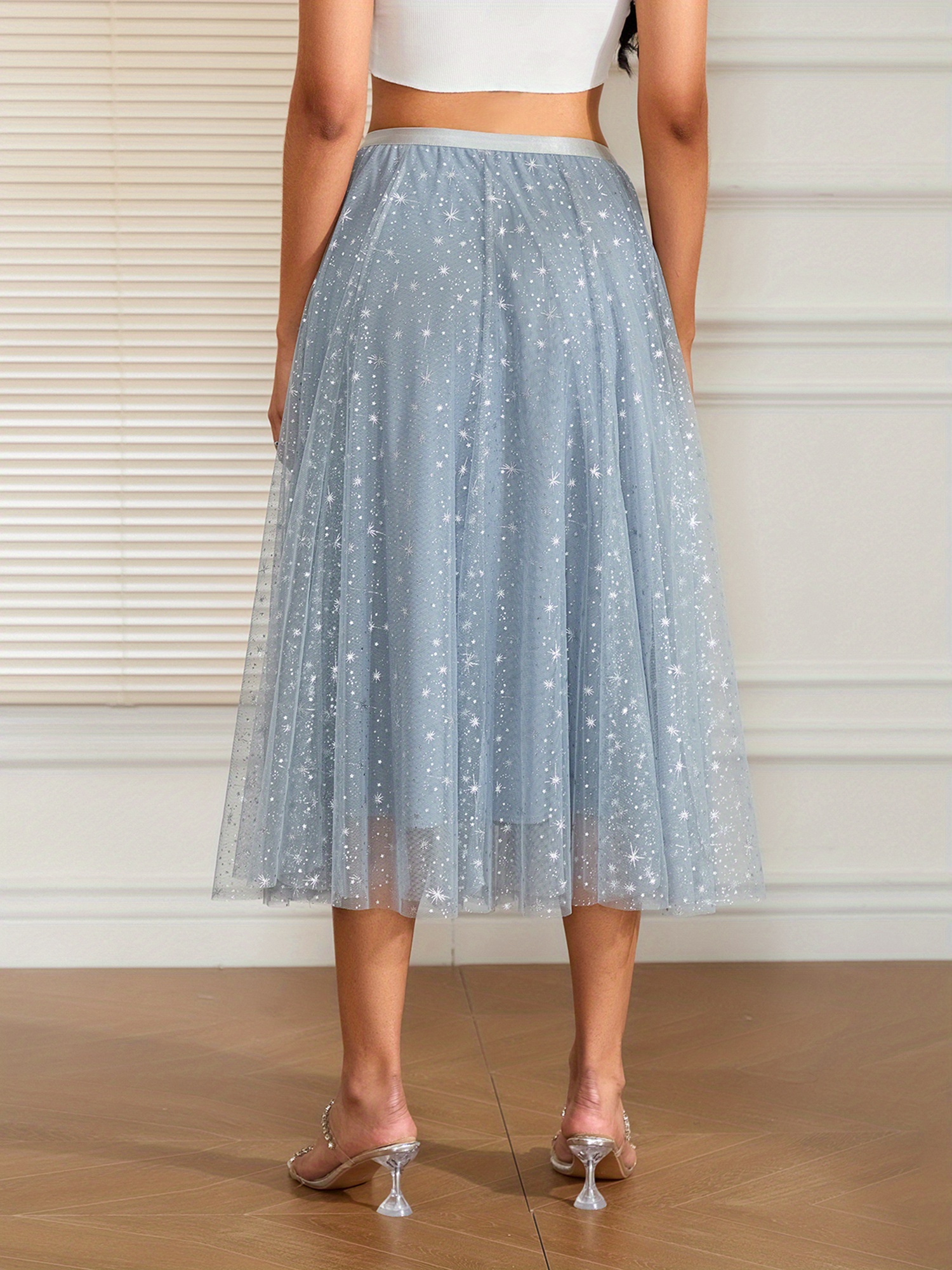 Women’s Starry Tutu Skirt Sequin Glitter Layered Tulle Maxi Skirt,  A-Line Party Skirt Dress, Light Blue with Sparkling Stars, Elastic Waist