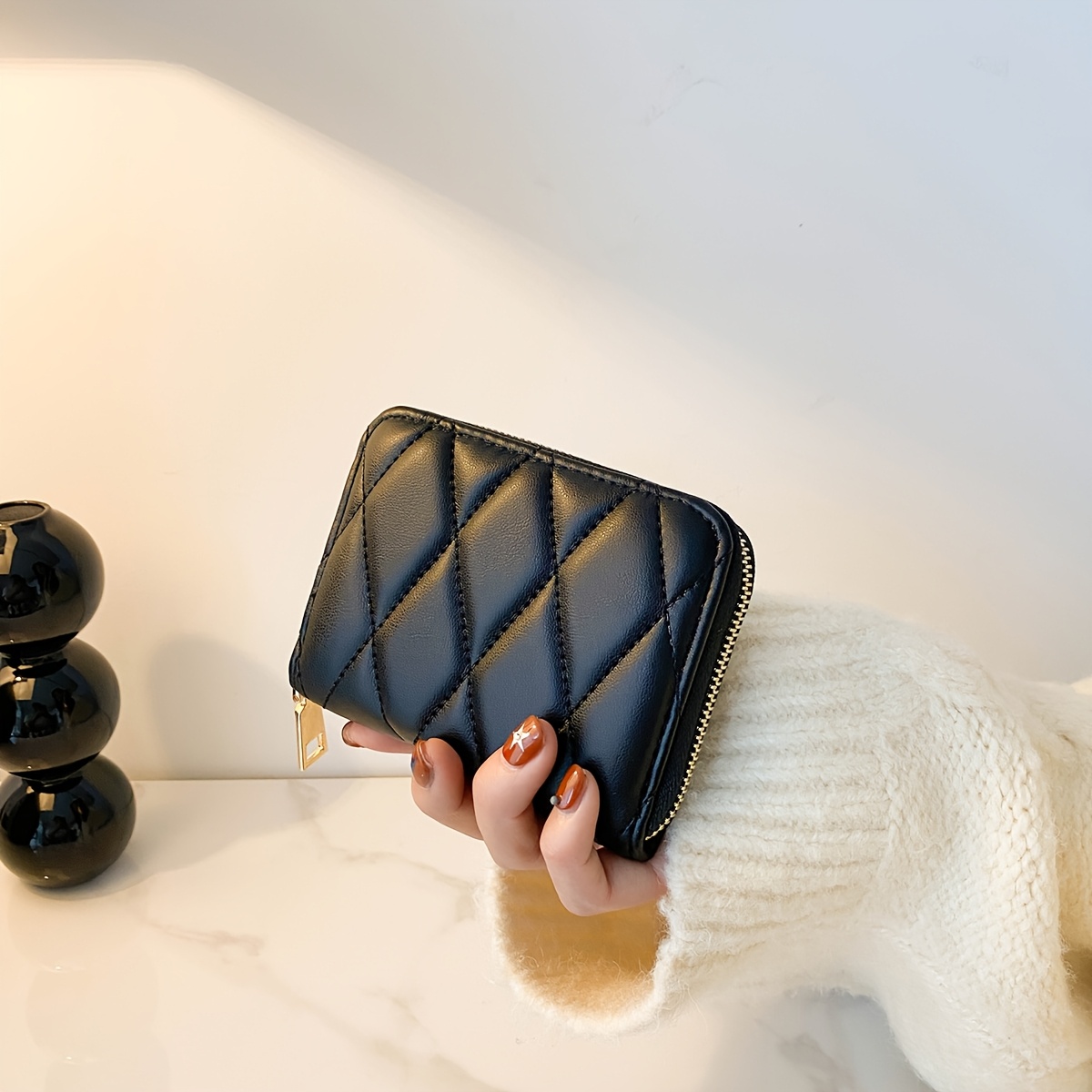 TEMU Diamond Quilted Full Zip Short Women's Wallet, Soft And Delicate Wear-resistant Pu Material, Light Luxury Golden Metal Zipper Head, Multi-card