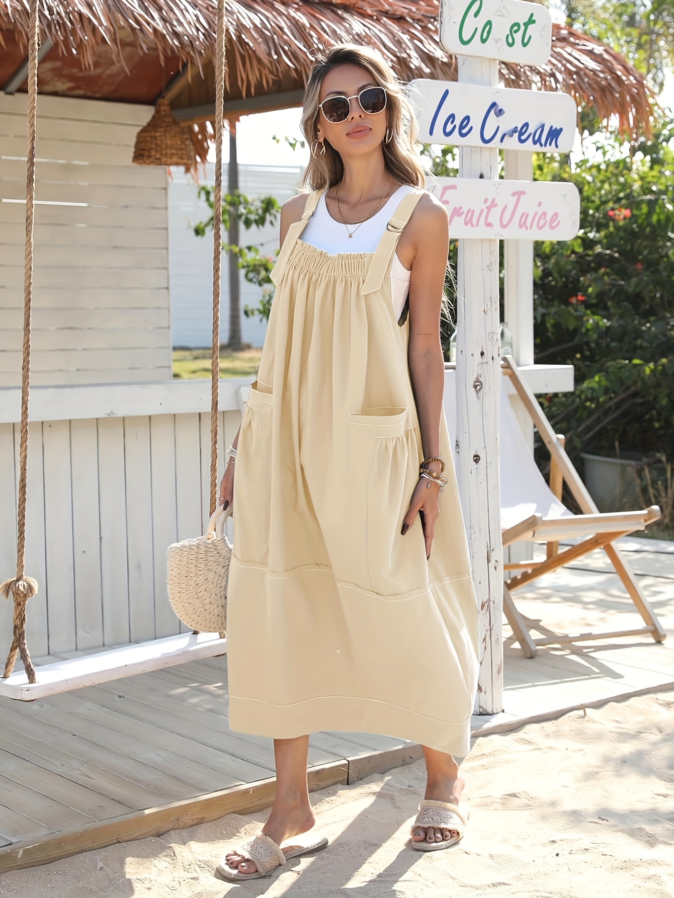 womens loose adjustable strap midi overall dress big pockets - Temu