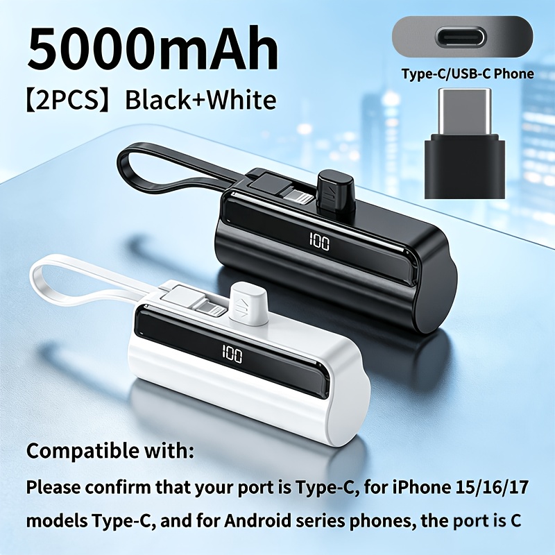 Image of 2 Pack -in Portable Charger 5000mah, Pocket Size Power Bank Built-in Type-c Cable, Led Digital Battery Display, Lightweight Emergency Battery Compatible With Type-, Local Stock