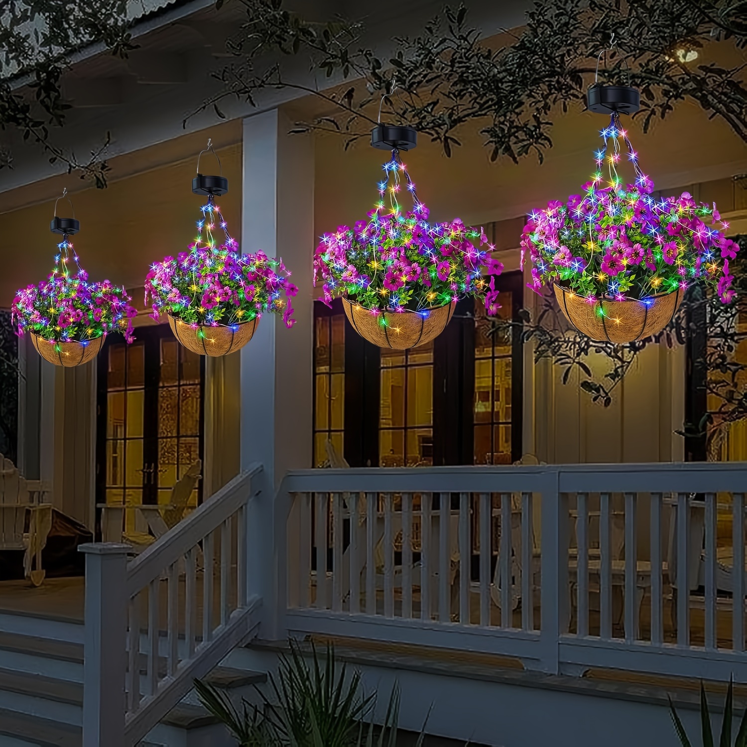 solar hanging flower basket lights artificial flowers with solar rgb string lights 10 inch coconut hanging flower basket with artificial pink purple orange flowers for patio lawn garden decorative lights