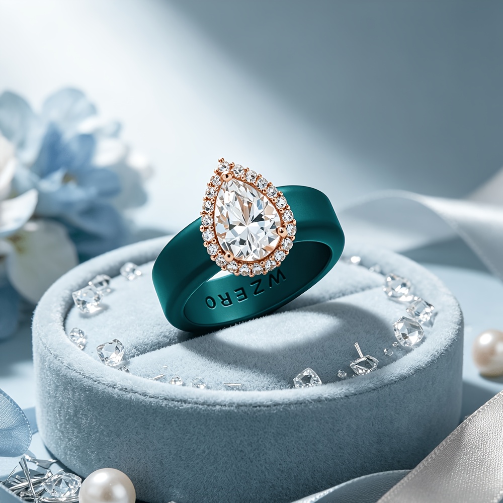 Teardrop-shaped Dark Green Zirconia Silicone Ring, Lightweight
