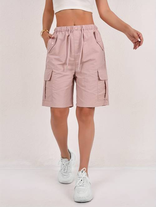 womens multi shorts loose fit straight leg casual cargo shorts with adjustable drawstring waist machine washable solid color for spring summer fall casual attire able material everyday