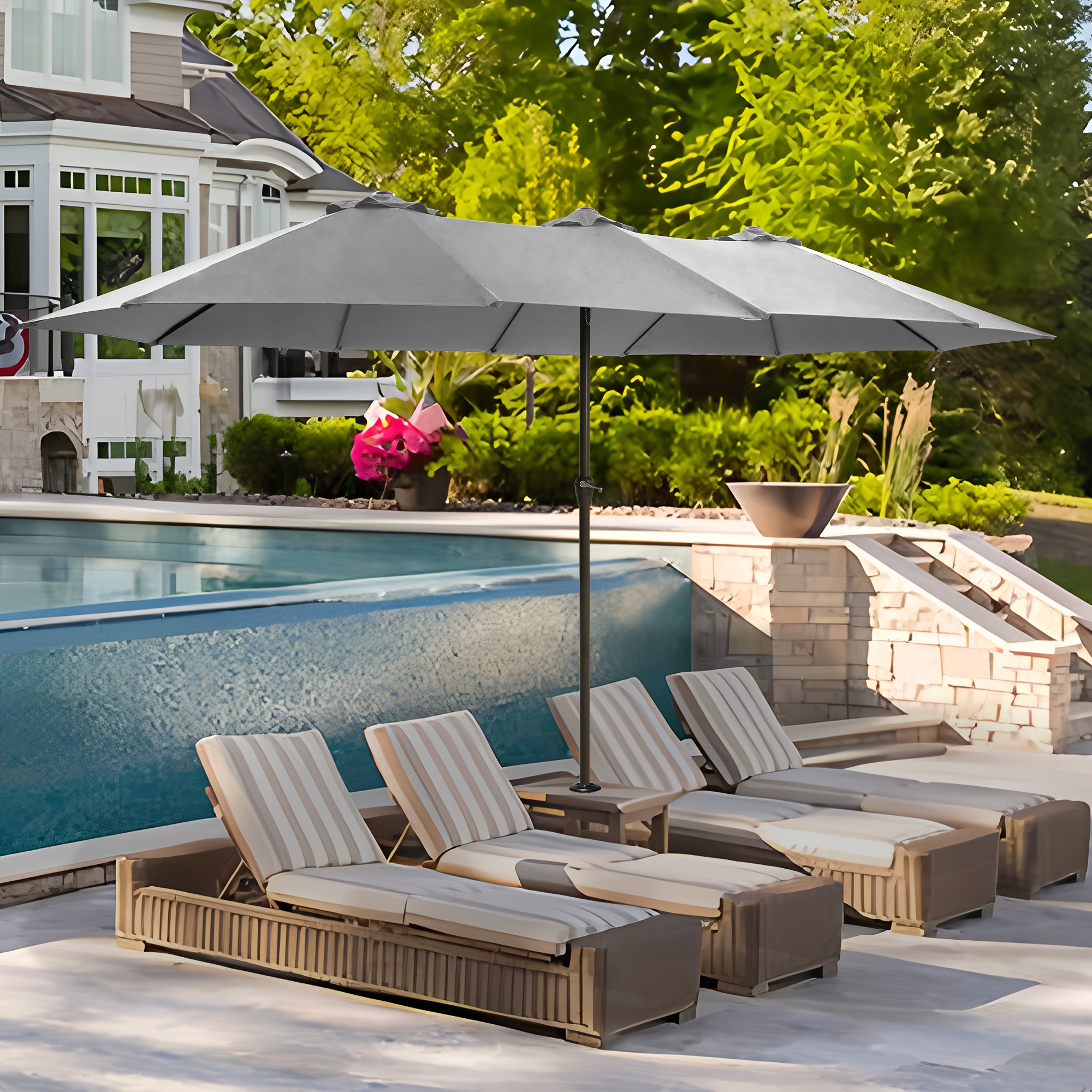 15-foot Long Rectangular Large Outdoor Patio Umbrella, Includes Base, Double Table Umbrella With A Crank Handle, Market Umbrella - UV Resistant, Heavy-duty Pool Umbrella, Suitable For Lawns, Backyards, And Gardens.