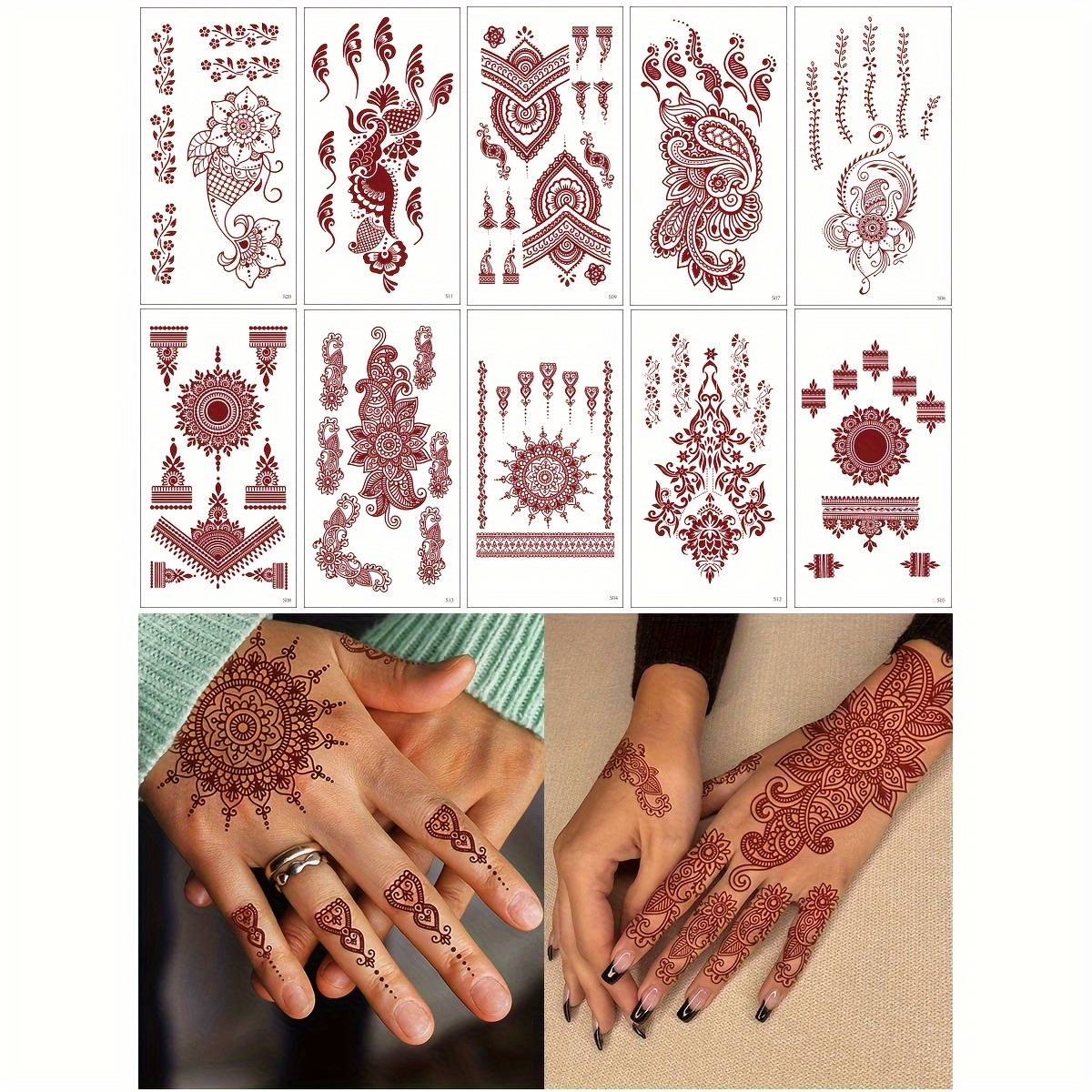 

10 Pcs Set Red Vintage Henna Hand & Body Temporary Tattoo Stickers - Rectangular Shape