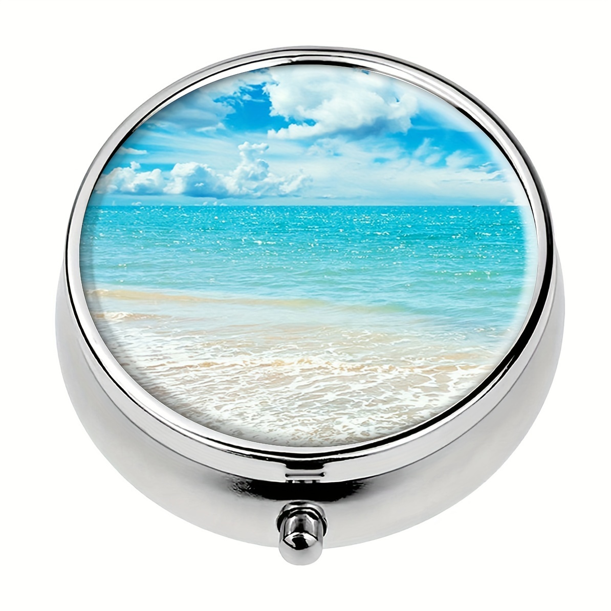 

Beach Scene Round Metal Pill Organizer - 3 Compartment Portable Pill Case, Decorative Pocket Purse Vitamin Holder, Travel Medicine Storage Box - Mixed Color