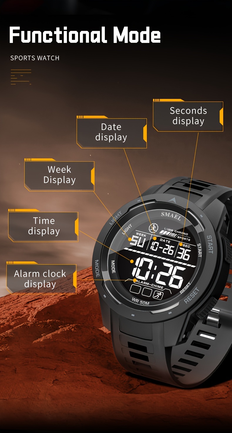   mens multifunctional sports watch waterproof led display tpu strap stopwatch calendar weekly view shock resistant movement style details 2