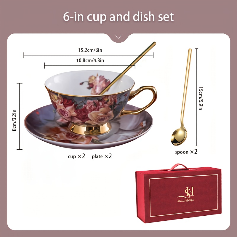 6pcs elegant floral ceramic coffee cup and saucer set with 2 dishes 2 cups and 2 spoons ideal for afternoon tea perfect gift for friends and lovers hand wash only round shape suitable for coffee shops and dessert shops coffee bar accessories Product details 7