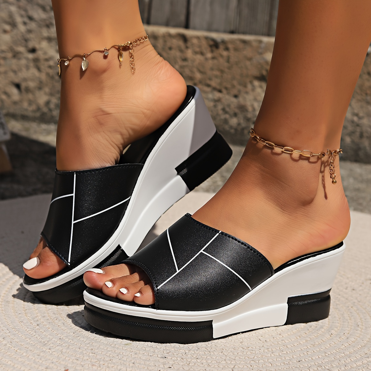 Sandalias para mujer Zapatillas de con punta y gruesa, diseño de  cuerdas negras y blancas, zapatos casuales cómod