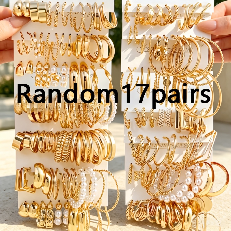 TEMU Light Luxury Vintage Random 17-pair Earring Set, Geometric Twisted Hoop With, Suitable For Daily Wear, Parties, And Vacations