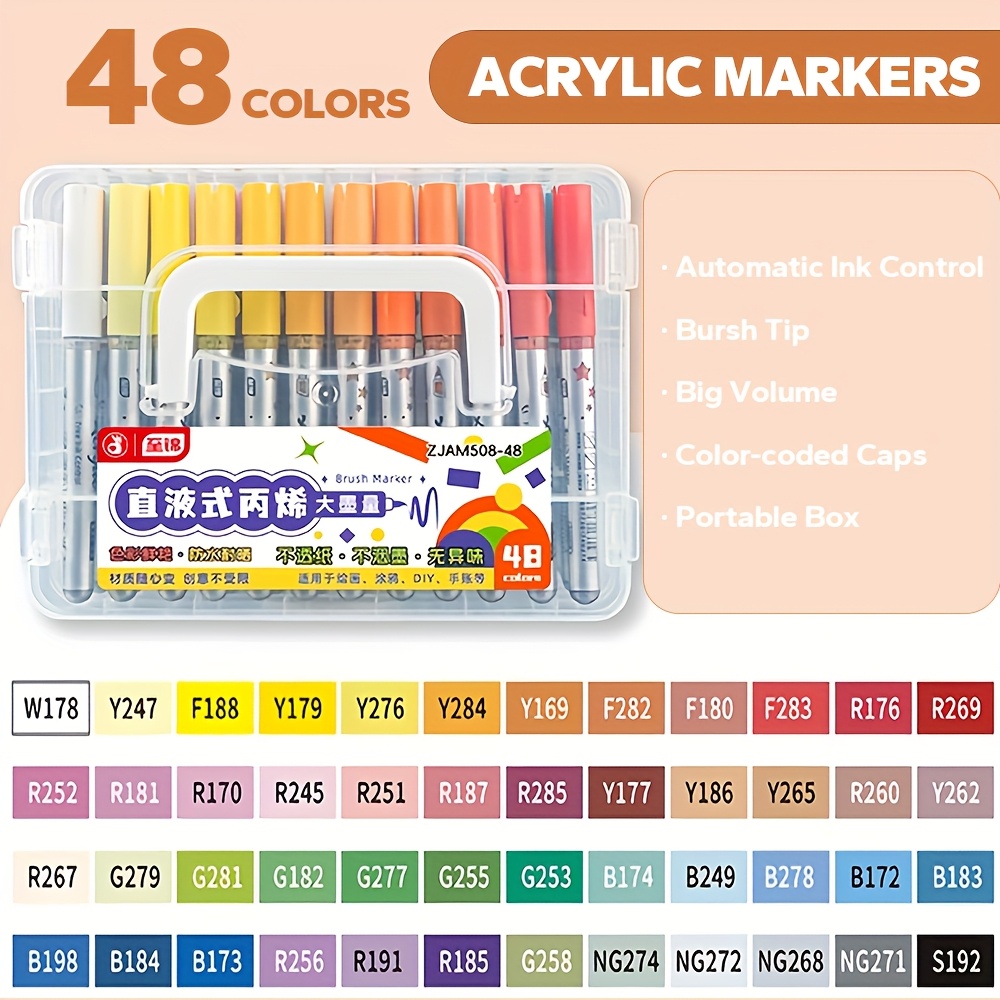 Image of 48/36/24/12/10 Colors Automatic Ink Control For Art Acrylic Markers Set, Brush Tip Acrylic Marker Pens Set With Portable Box And Color Coding, Perfect For Art And Craft Supplies