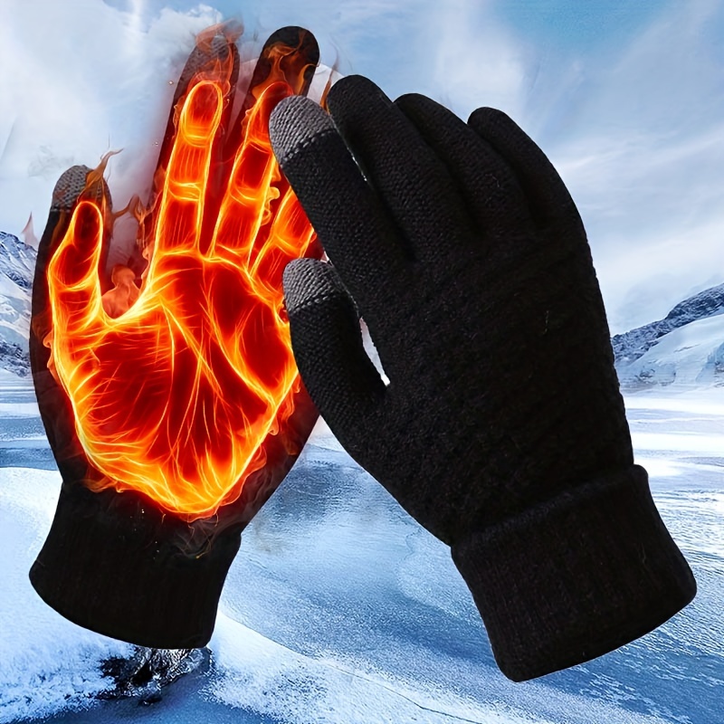 

1 Pair Knit Thermal Winter Gloves, Solid Color Touch Screen Thickened Sports Gloves For Cycling & Hiking