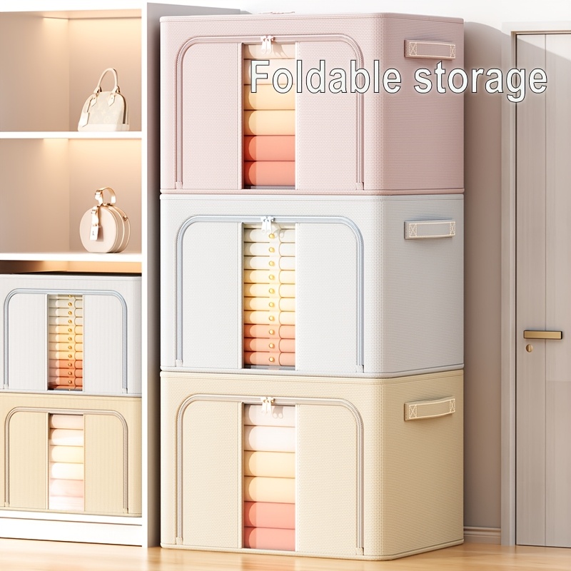 

1pc Foldable Storage Box, Large Capacity Polyester Closet Organizer, Light Blue/beige/, , No Printing, Suitable For School, Home, Seasonal Clothes, Quilts, Toys, Books, Etc.