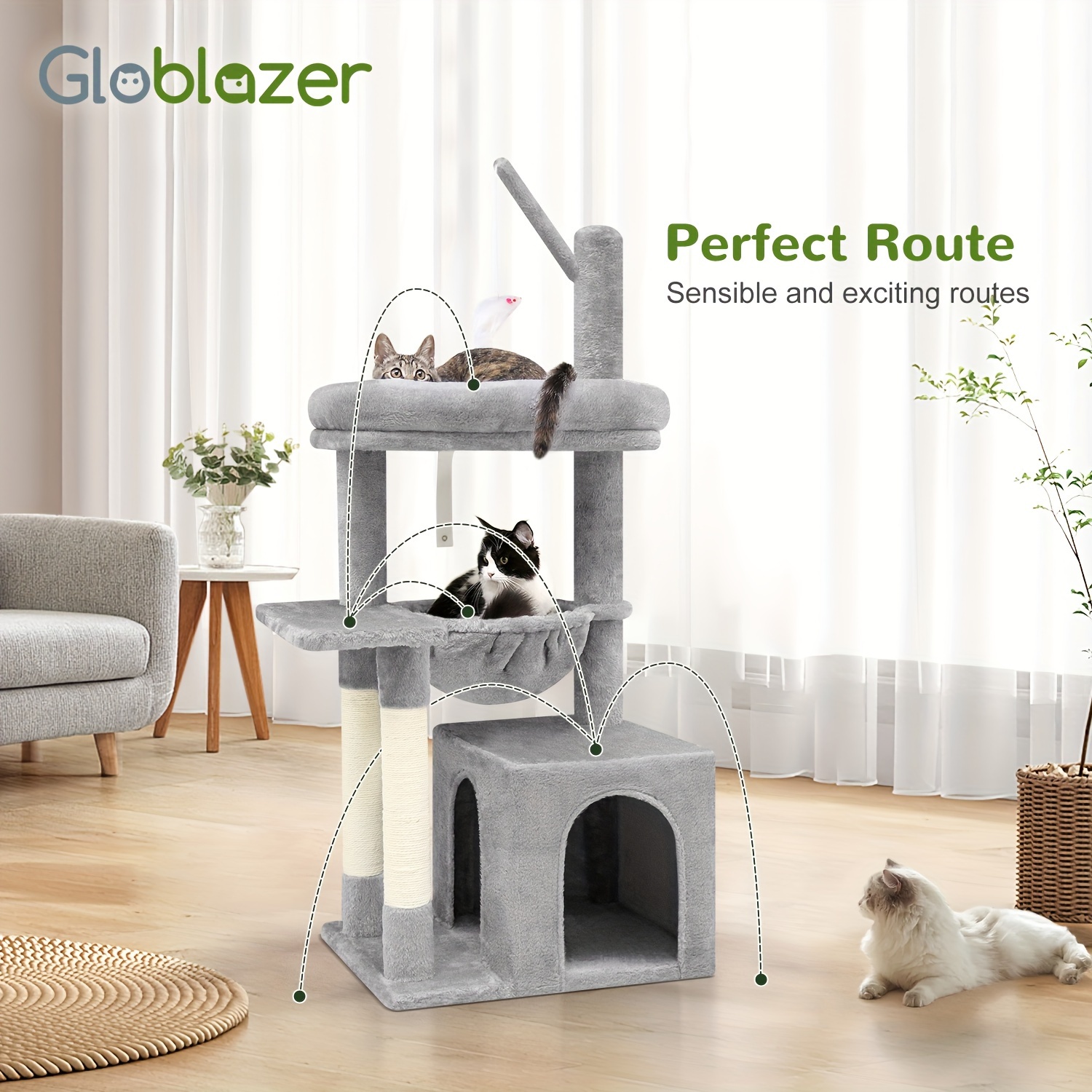 

Globlazer F46b Spacious Adventure Cat Tree Tower | 46-inch Sturdy Multi-level Condo With , Anti-tip Kit & Sisal Rope | Ideal For Large Cats | Fiberboard Construction, Cat Tower For Large Cats