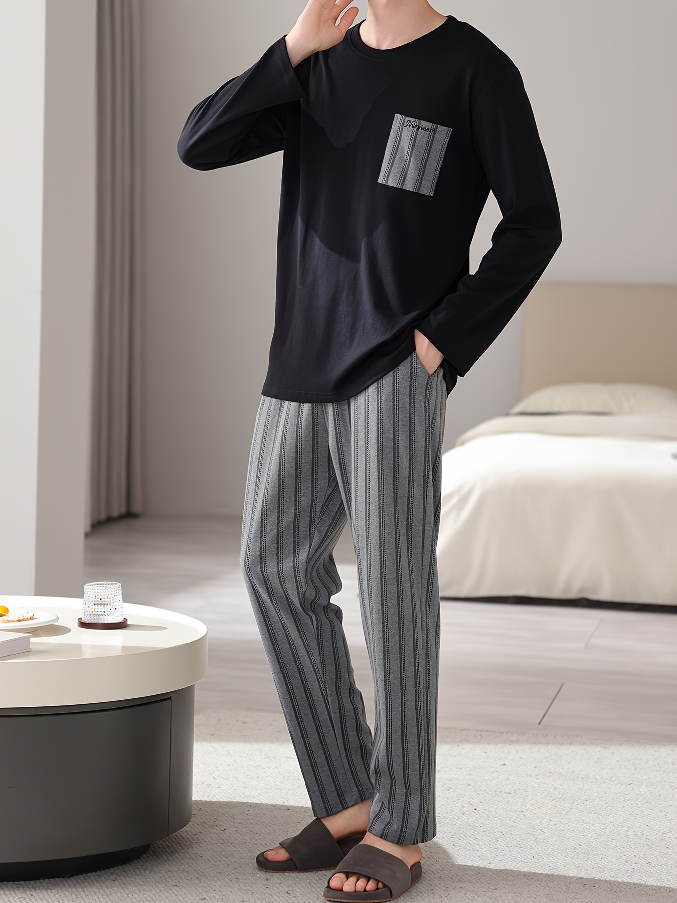1set Men'S Casual Cotton Pajama Set, Long Sleeve Round Neck Sleepwear with Pockets, Loose Fit Knitted Pullover for Spring/Autumn - Comfortable Thin Cotton Outfit