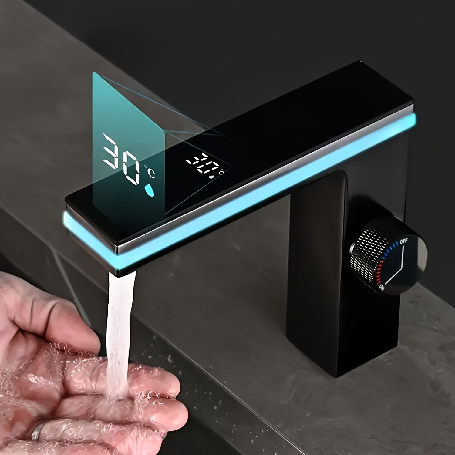 TEMU 1pc Modern Black Single Hole Bathroom Sink Faucet With Digital Temperature Display, Led Temperature Digital Display Faucet With Ceramic Valve