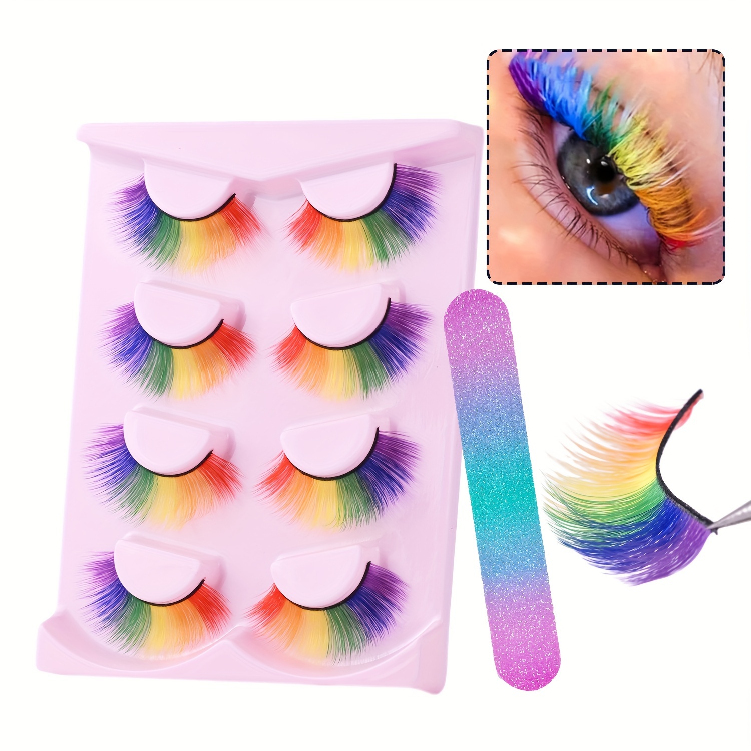 

4pcs False Eyelashes Set With Nail File - Fluffy & Curly Rainbow Effect For Enlarged Eyes, Cosplay & Parties