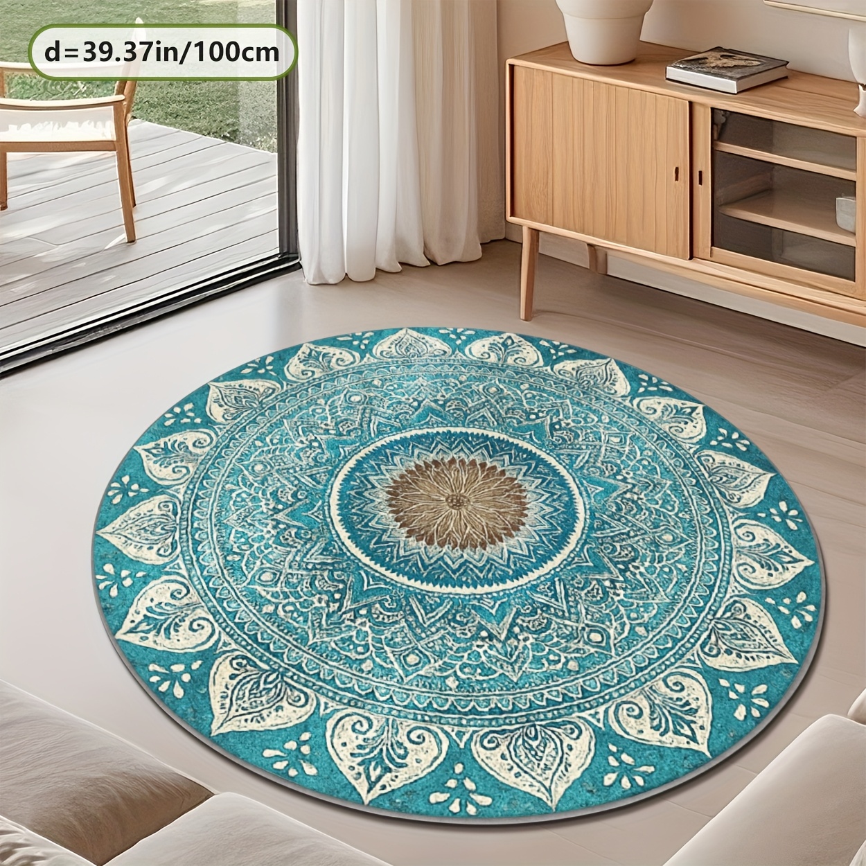 TEMU Golden Diamond Velvet   800g/m²   Dotted Plastic Backing, Teal Floral Round Pattern Home Decor Rug, Modern And Stylish Minimalist Decorative