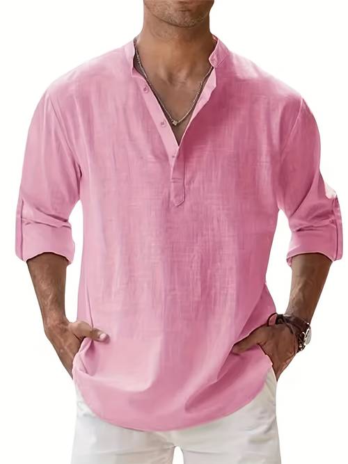 mens long sleeve shirt summer solid color stand collar casual beach size cotton and linen blend mens top