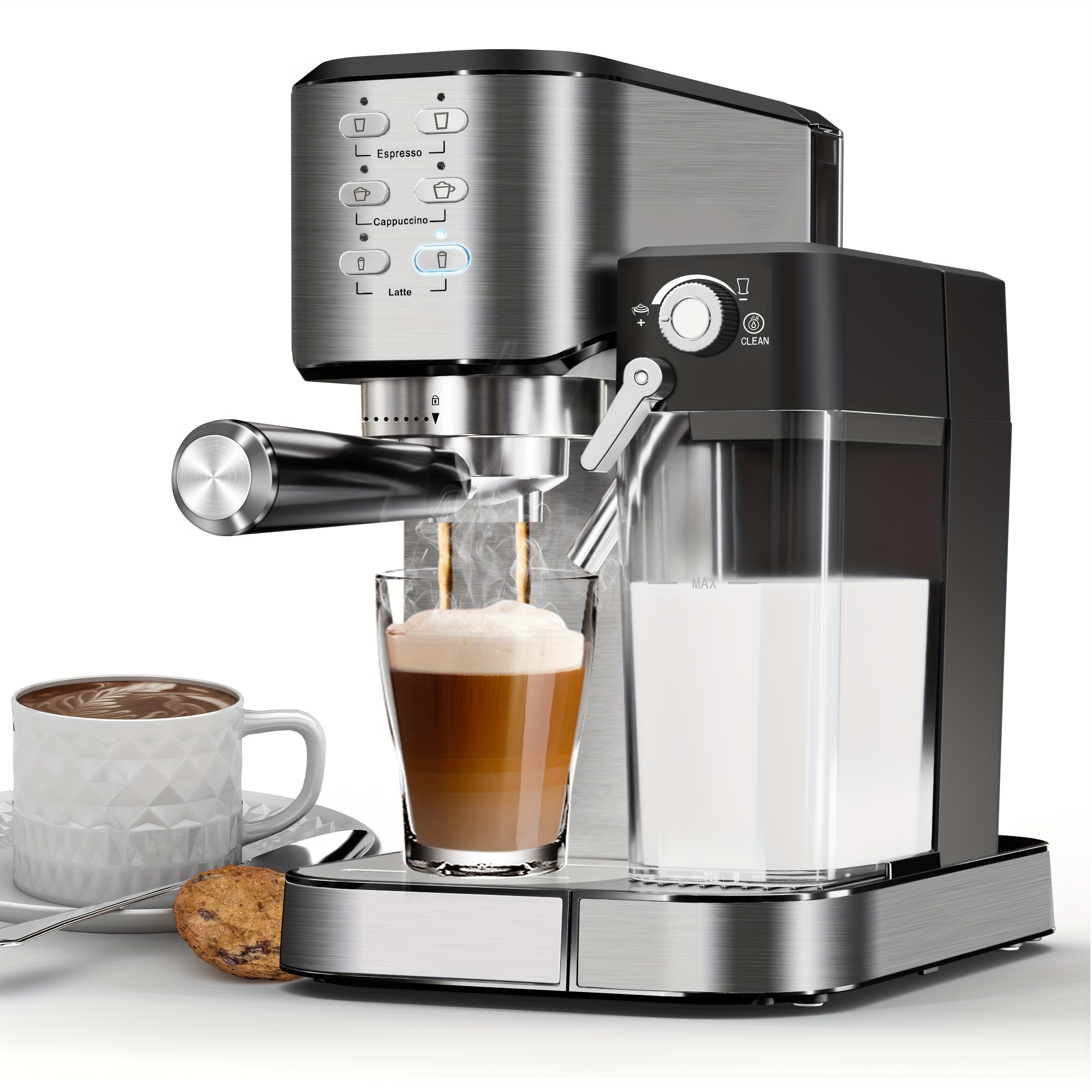 

6-in-1 Espresso Machine, 20 Bar Cappuccino & Latte Machine With Built-in Milk Frother, One-touch Single Or Double Shot, 1350w, Stainless Steel