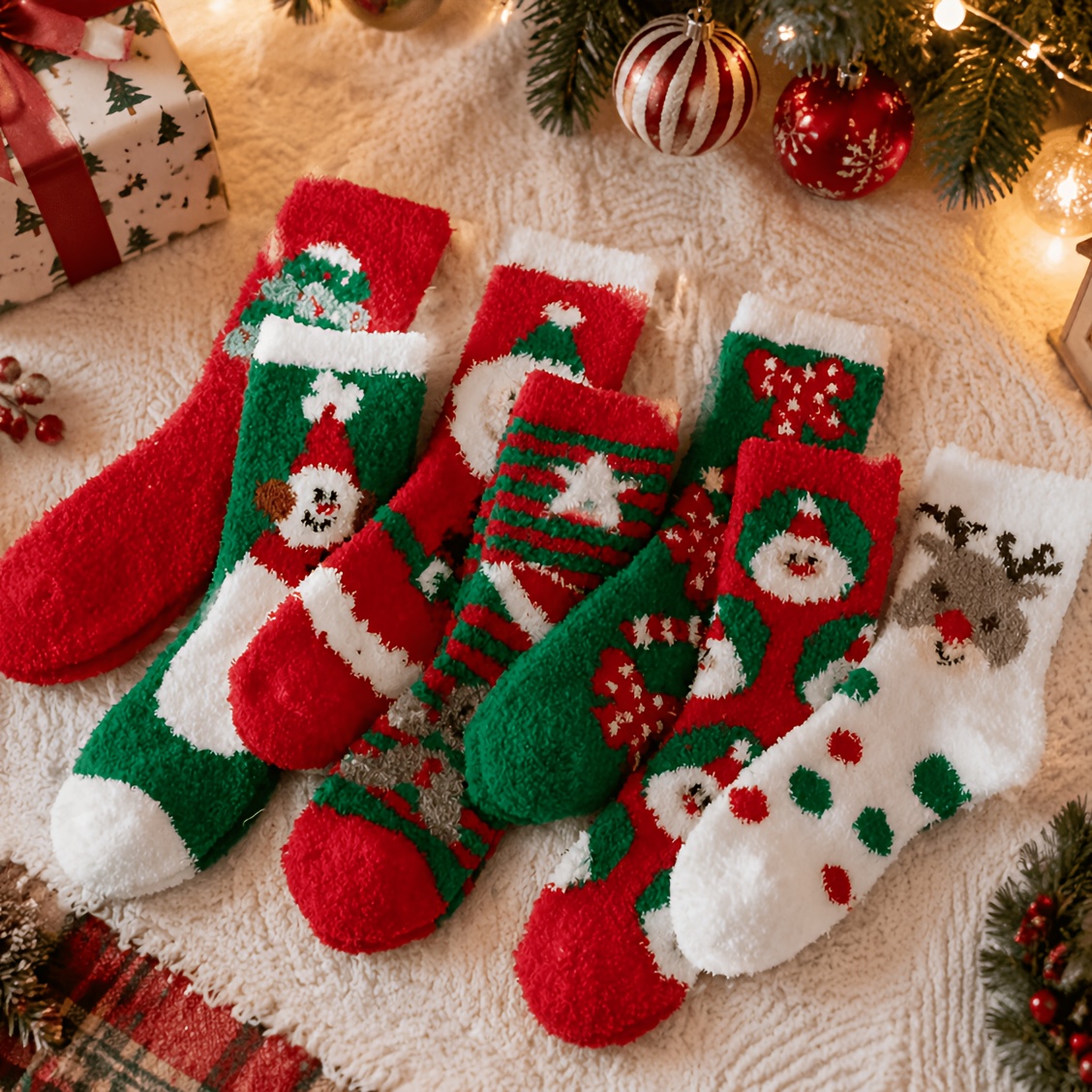TEMU 6 Pairs Random Floral Christmas Socks, Winter Cold-proof Warm Socks, Floor Socks, Suitable For Home, Holiday Parties, Casual Wear, Or Holiday