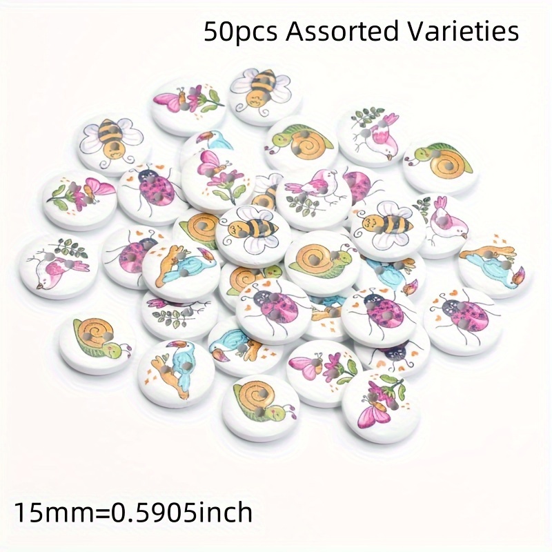 Image of 50pcs Assorted Animal & Plant Designs 15mm White Buttons - Wooden Craft Buttons For , Clothing, And Home Decor