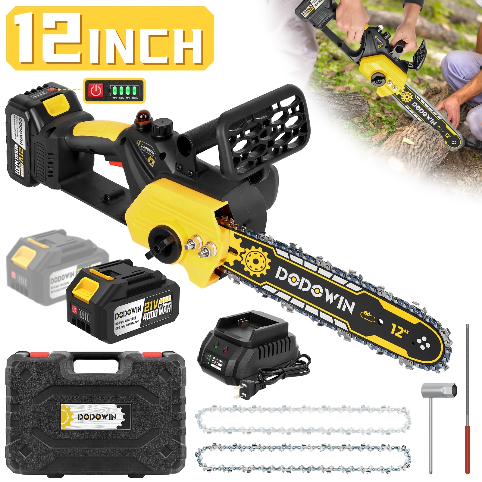 TEMU Tronçonneuse mini fil 12 pouces avec lubrificateur automatique, batterie 4000mAh, tendance de chaîne outil, idéale pour et l'élagage de jardin,