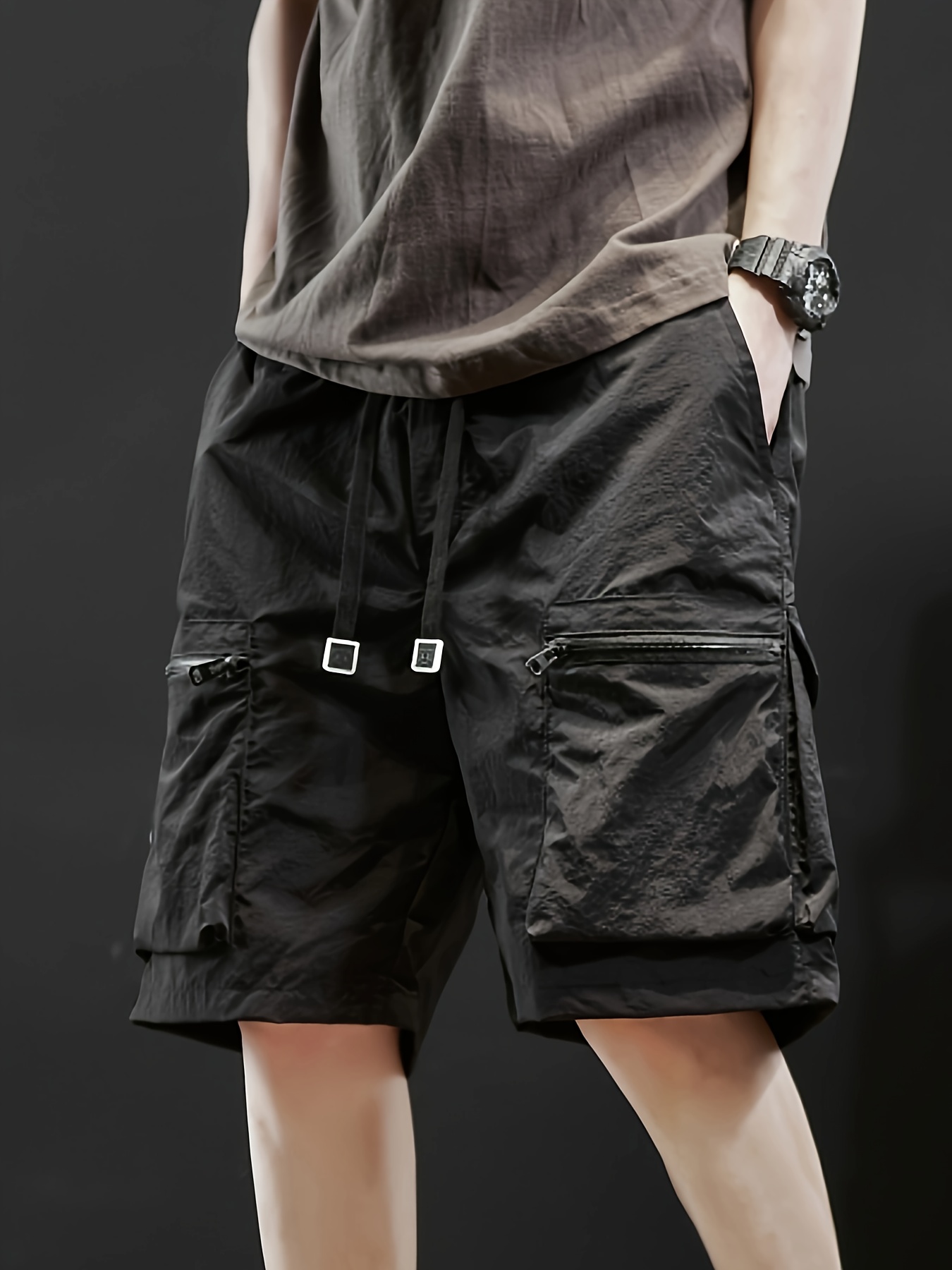 casual solid mens loose drawstring cargo shorts with side pockets summer outdoor leisure and work details 0