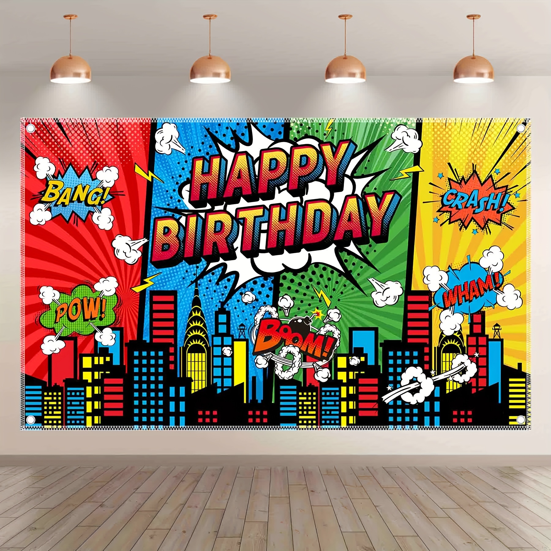 

1pc 72x43inch, Superhero Theme Birthday Polyester Photography Backdrop, Comics City Background, Kids Party Decorations Banner, Cake Table Photo Booths