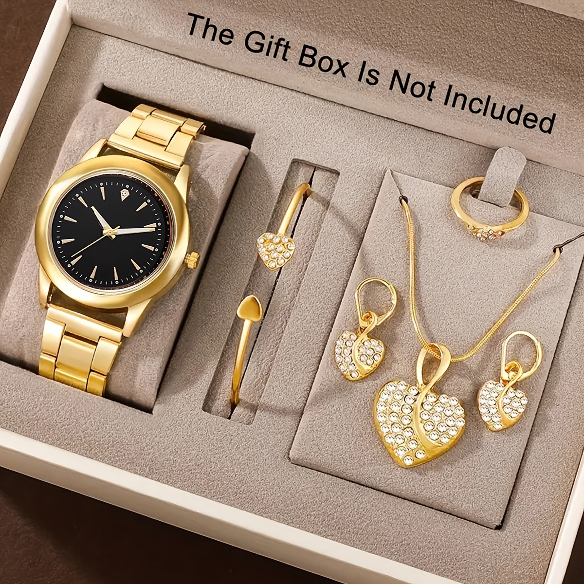 6pcs Elegant Women's Quartz Watch Set with Heart-Shaped Jewelry, Perfect Gift for Ladies, Non-Adjustable Alloy Strap, Classic Bar Markers Round Dial, Ideal Gift for Sisters and Mothers, Suitable for Ramadan or Casual Attire, No Packaging Box Included, Middle East Special Edition