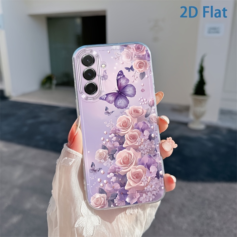 Trda ovitek za telefon: 2D ravna vijolična metulj in vzorec vrtnice, primerna za for Galaxy A03S A04 A05S A06 A07 A13 A14 A15 A16 5G A17 A22 A23