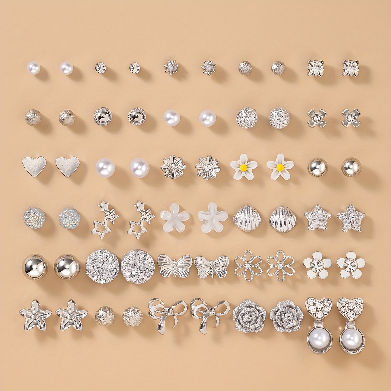 Image of A Set Of 30 Elegant And Beautiful Earrings, Including Floral, Round, Heart-shaped, Bow, And Designs. This Large Set Is Simple And Stylish, Suitable For Women' Wear As Stud Earrings