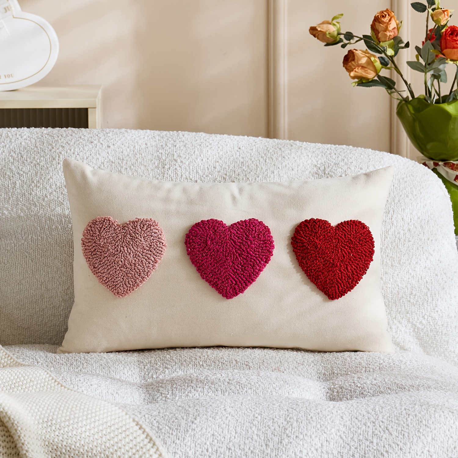 TEMU 1pc Valentines Day Red Heart Pillow Covers Hearts Embroidered Decorative Throw Pillows Farmhouse Valentine Outdoor Cushion Cases For Sofa Couch