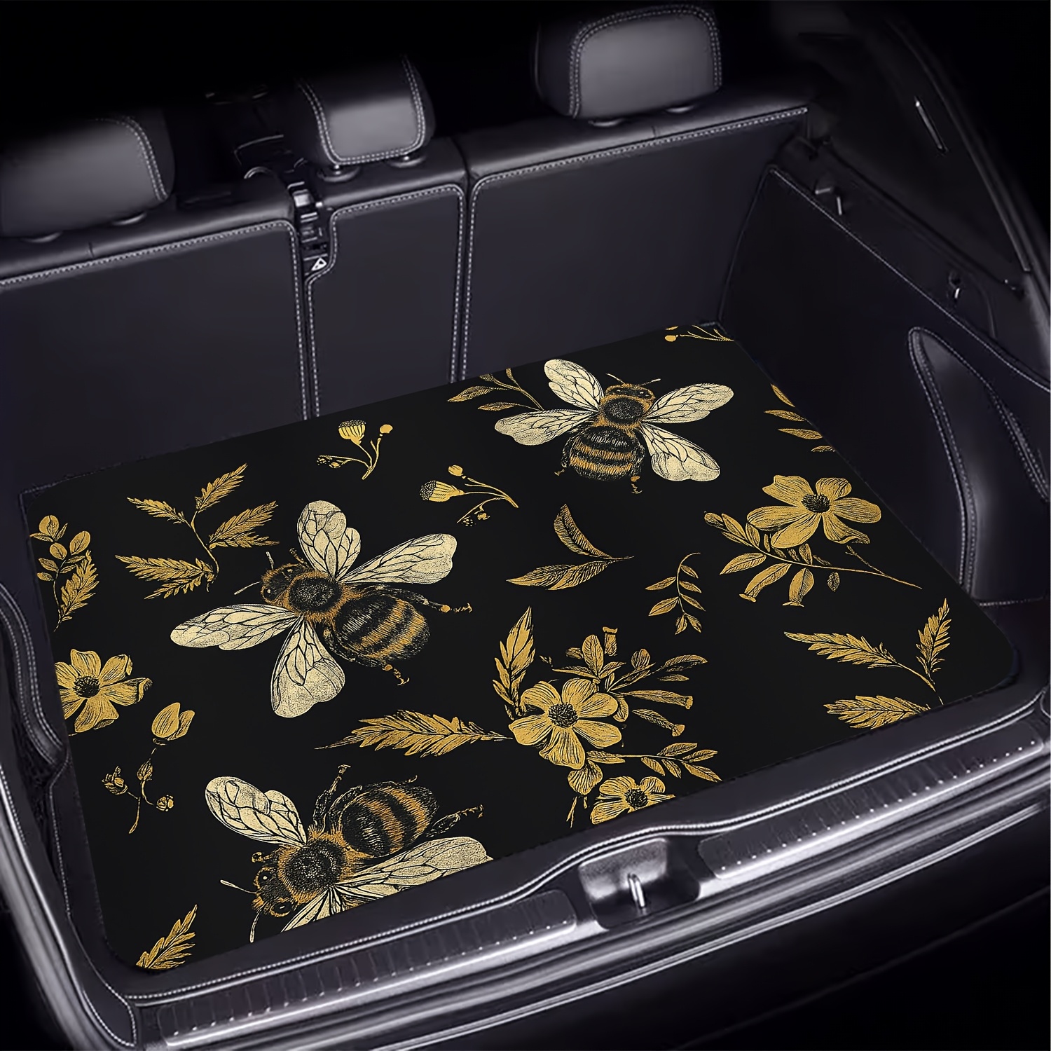 TEMU 1pc Vintage Bee And Floral Style Car Trunk Mat, Featuring An Exquisite Bee And Floral Printed Pattern. An Essential Item For Travel, Compatible