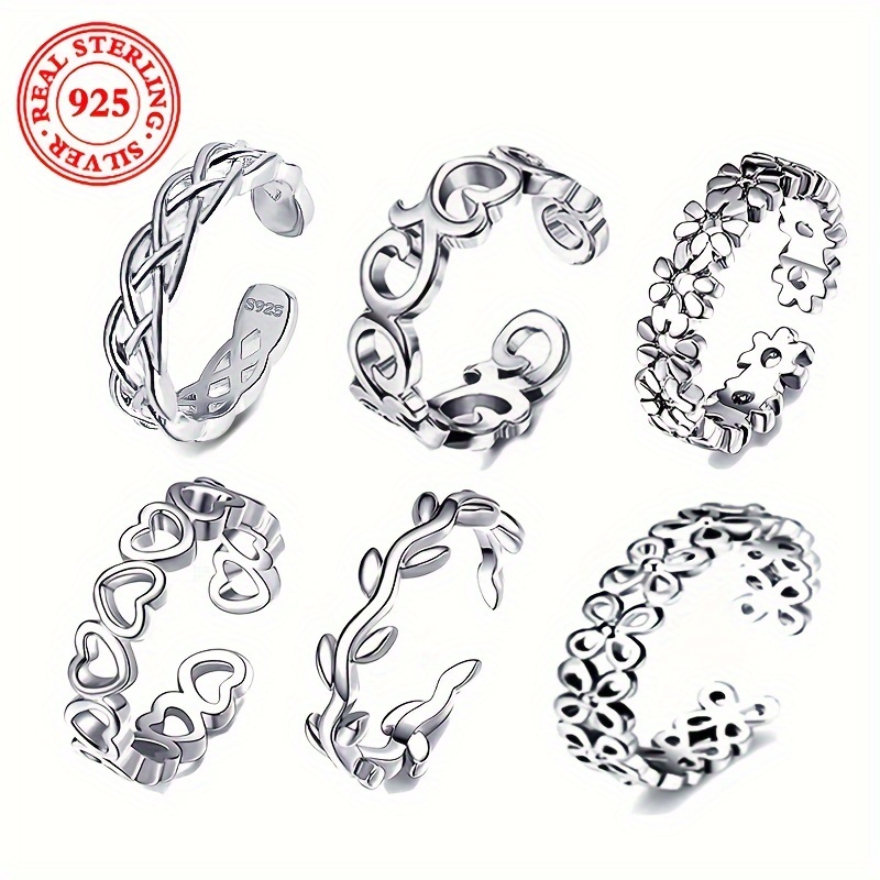 TEMU 6pcs S925 925 Silvery Toe Ring Set - Assorted Designs, Twisted Rope, Heart, Windmill, Leaf, Wave, Flower, Fashionable, , Vacation-inspired,