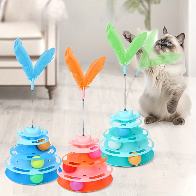 Artificial Feather Cat Carousel Toy - Rotating Rolling Ball Cat Toy, Interactive Teasing Toy for Cats, Cat Gift, Suitable for Indoor Cat Companion Toy, Self Entertainment And Fun Toy to Reduce Boredom, Random Balls in 3 Colors, Without Battery