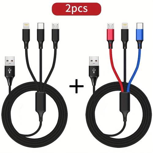 set of 2 3 in 1 fast charging usb cables with a nylon braid compatible with for iphone 14 13 12 pro max xs max as well as samsung redmi oneplus and xiaomi usb devices including s20 a13 s10 note 9 and moto