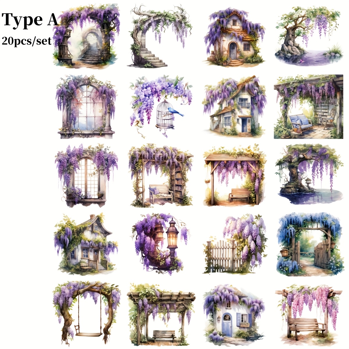 Image of 20pcs/set -made Retro Wisteria Purple Flowers Sticker Suitable For Garbage Diary Notebook Decoration Handbook Plant Art Landscape Sticker