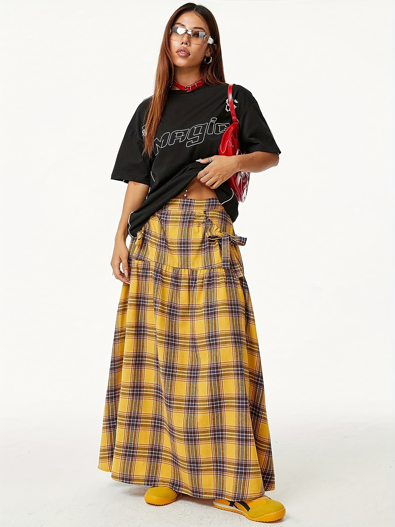 Maxi Skirt Yellow Plaid Skirt Cotton On Women's Vintage High Waist