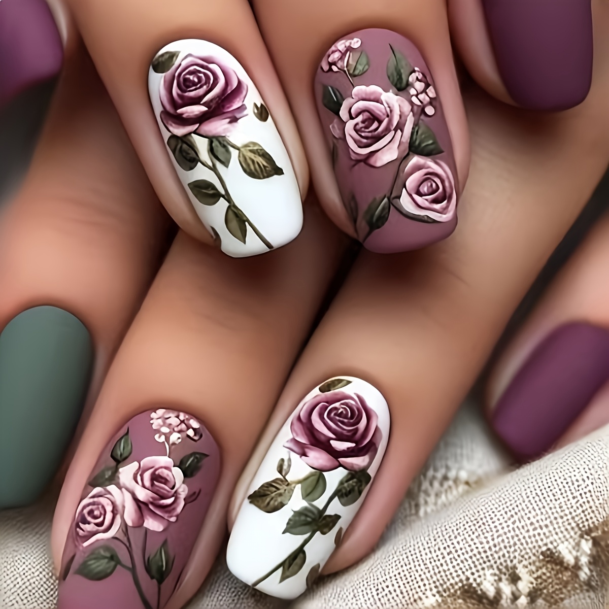 TEMU 24pcs Short Square Press-on Nails, Elegant Romantic Rose Pattern Fake Nails, Suitable For Women' Party Holiday Use