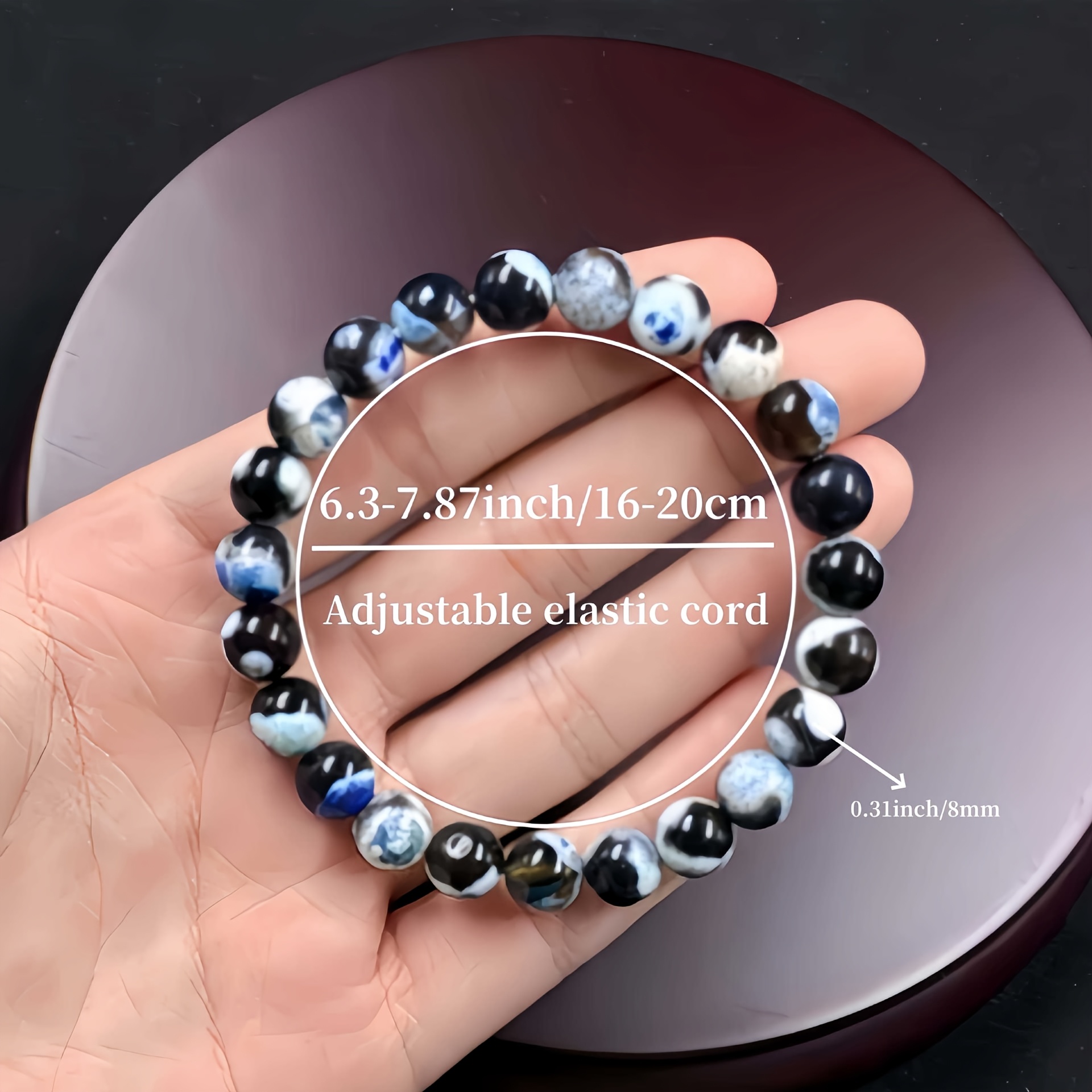 Blue Agate Stone Bracelet with Adjustable Elastic Rope