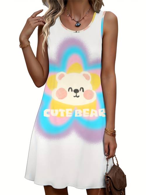 womens cute bear graphic print sleeveless dress soft breathable length casual dress with round neck machine washable medium fabric