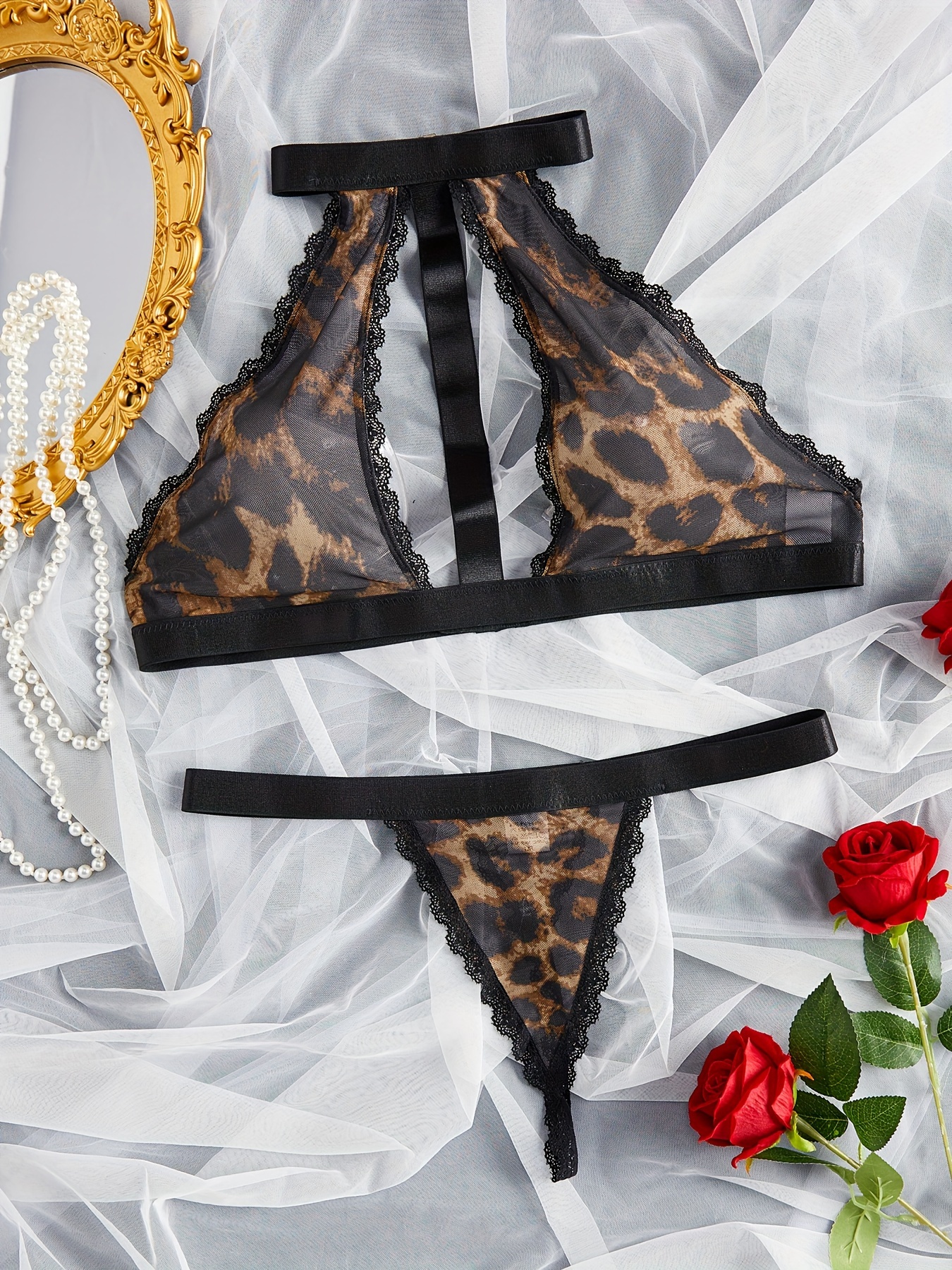 Plus Size Contrast Lace Leopard Print Sexy Lingerie Set Womens