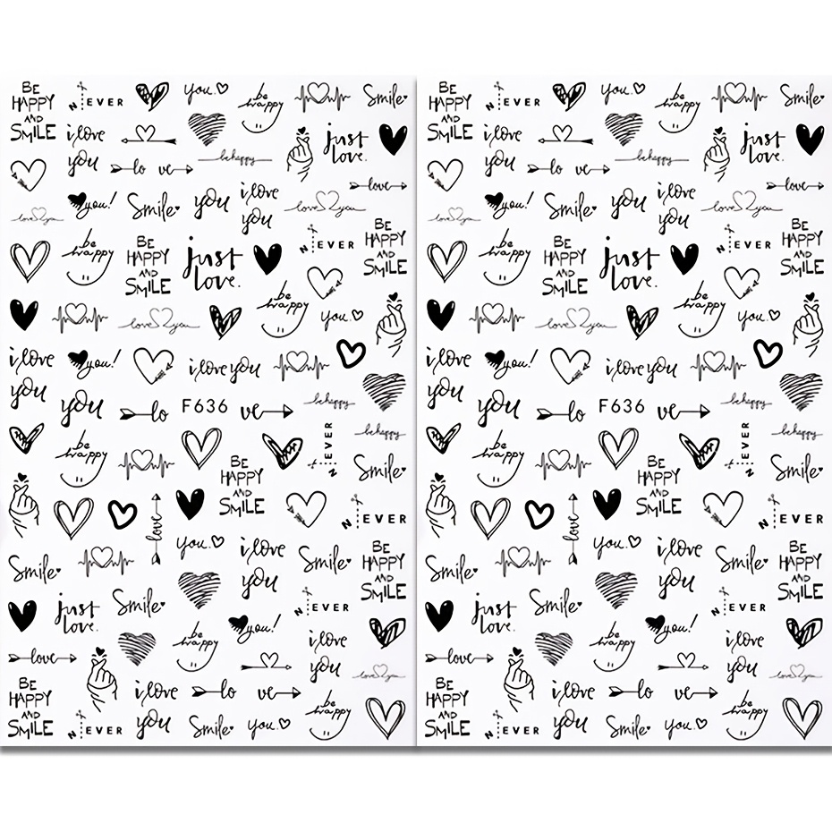 2pcs Valentine Nail Art Stickers Hollow Black Heart Letter Sliders Self-adhesive Romantic Manicure Tech Supplies