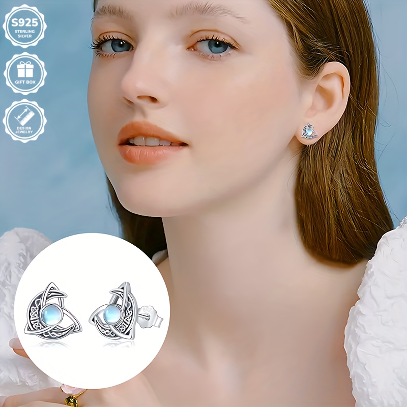 Vintage Boho 925 Silver Celtic Moonstone Earrings Filigree Crescent Moon