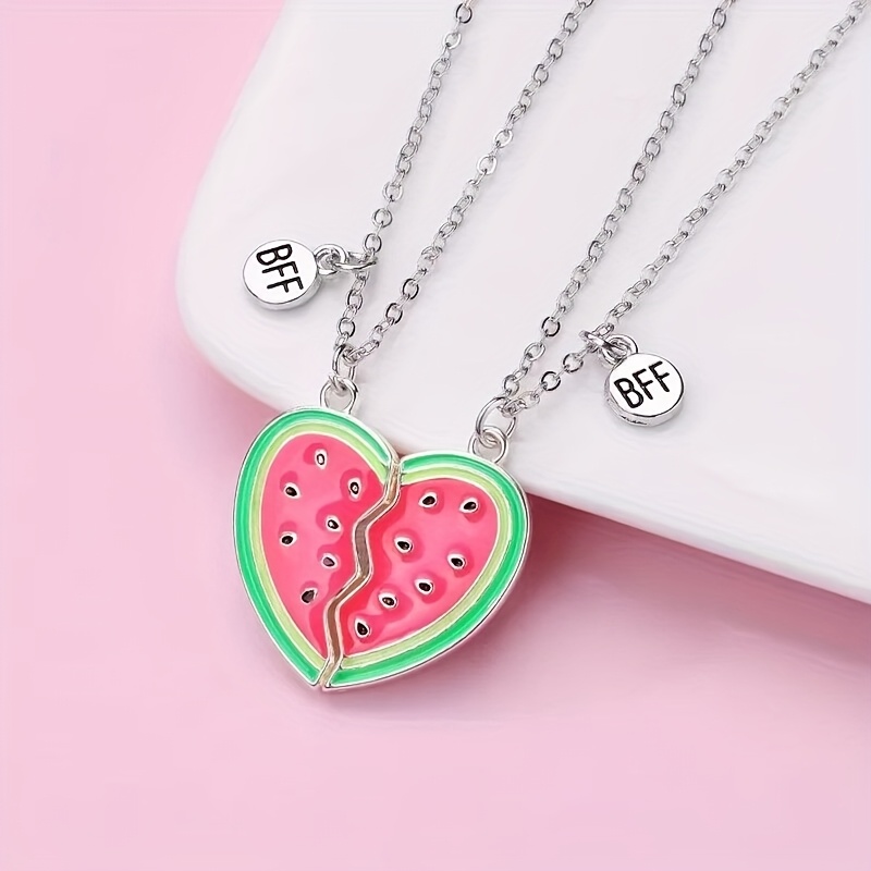 

2pcs Set Heart-shaped Watermelon Pendant Necklaces With "bff" Charms - Zinc Alloy, Fashionable Gift For Girls